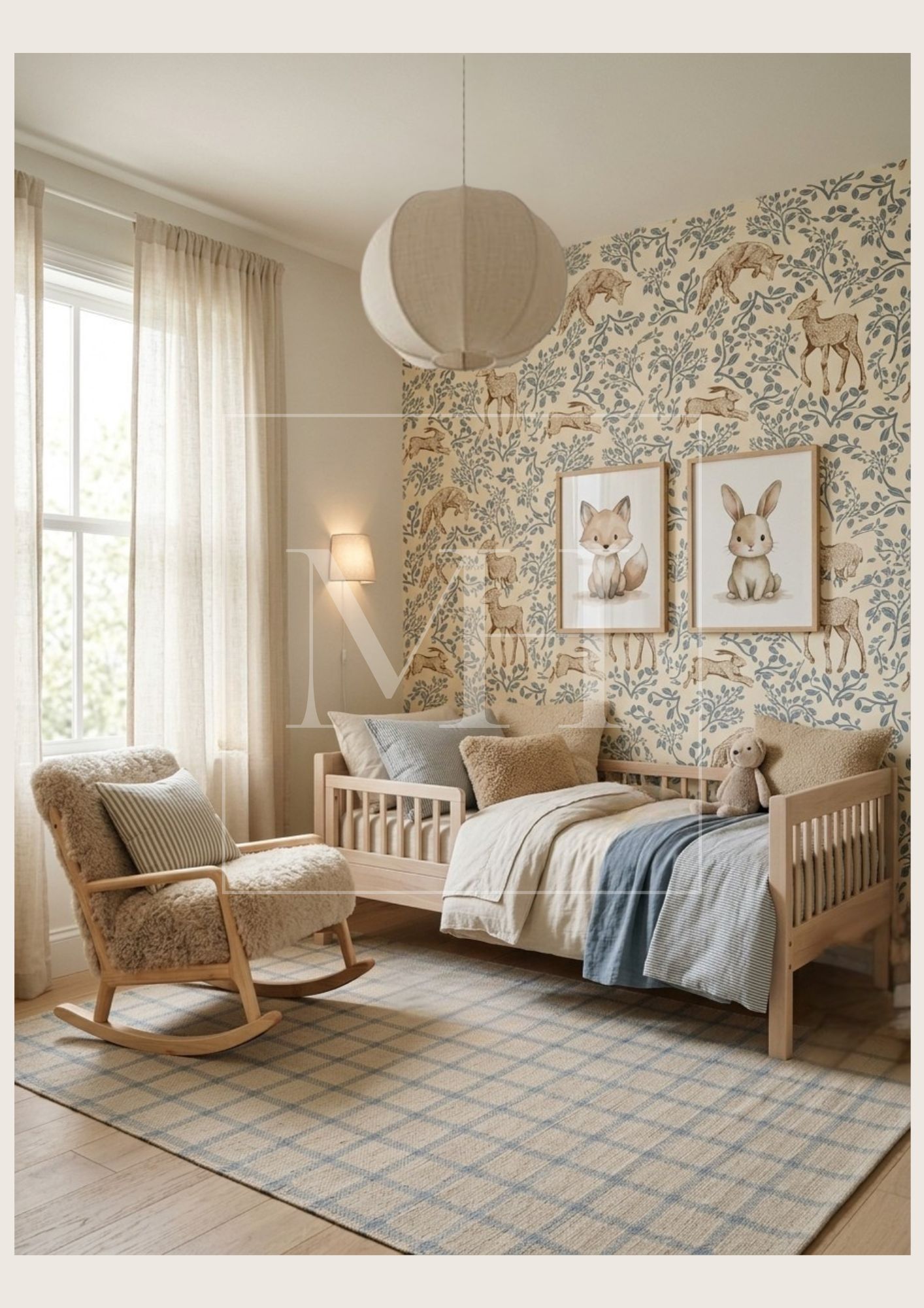 Photo réaliste d'une chambre enfant sur le thème de la forêt. Elegance intemporelle et douceur pour cette chambre bleue grise et beige. Un cocon de douceur.