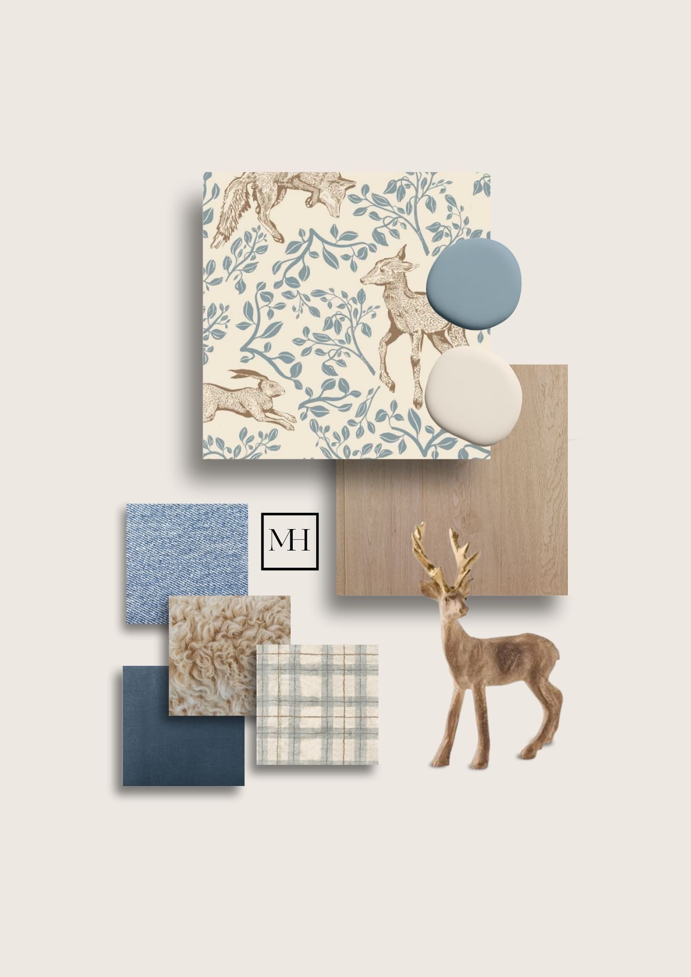 Planche de matières d'une chambre enfant sur le thème de la forêt. Elegance intemporelle et douceur pour cette chambre bleue grise et beige. Un cocon de douceur.